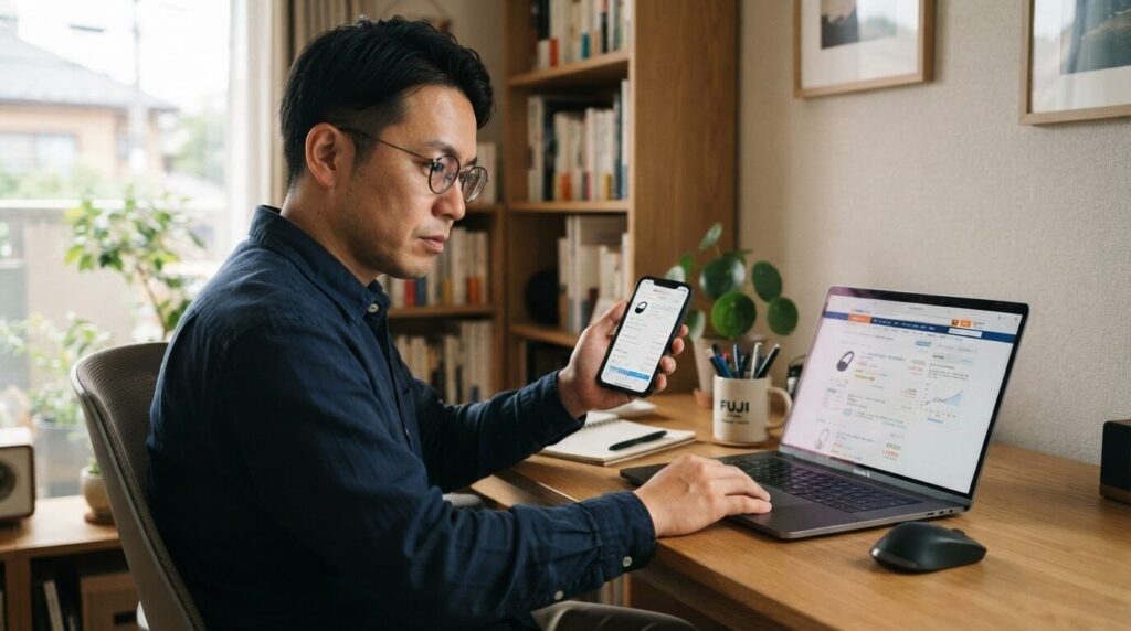 デスクで価格比較サイトを見ながら真剣に検討する日本人男性