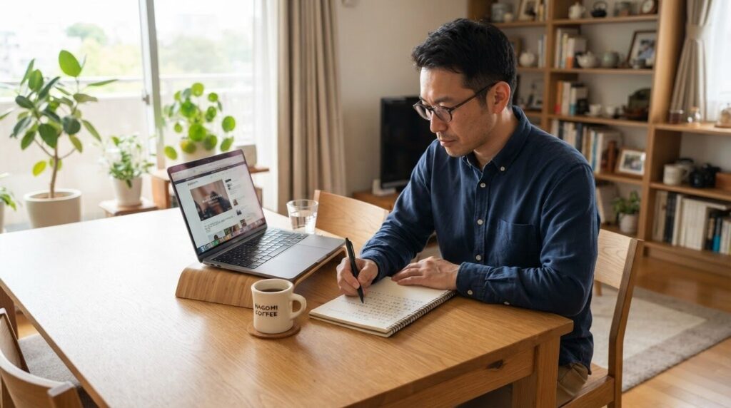 ノートパソコンで情報を整理する日本人男性。ティファール替えポットの型番を冷静に確認する真剣な表情
