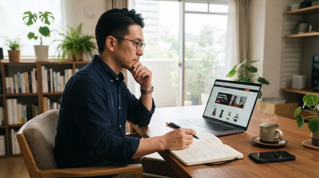 ノートとスマホを使って真剣にコーヒーメーカーを比較検討する日本人男性