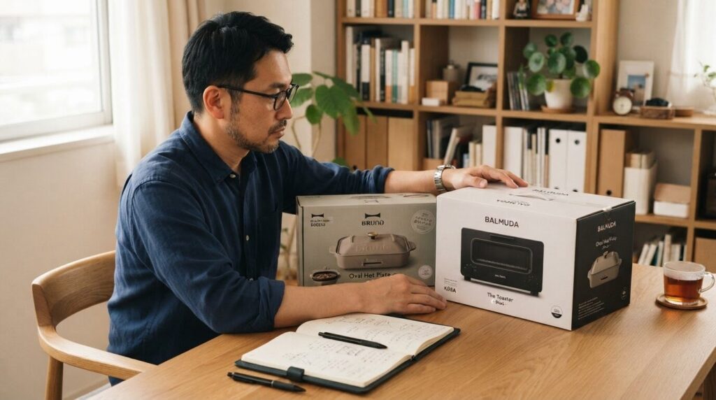 自宅のデスクで2つの小型家電のパッケージを比較検討しながら、ノートにメモを取る日本人男性