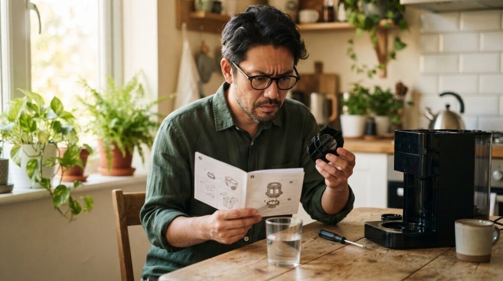取扱説明書と見比べながら、コーヒー豆部品を正しい位置に装着し直す日本人男性。パーツの向きを確認する真面目な表情