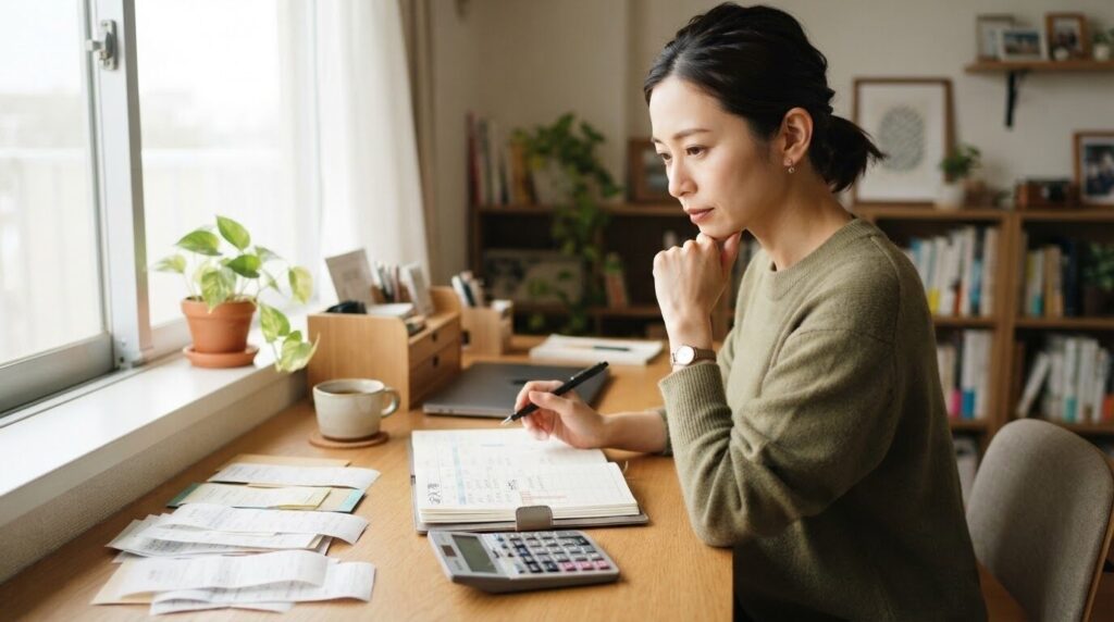 コスト比較のために家計簿や電卓を真剣に見つめる日本人女性の予算計画シーン。