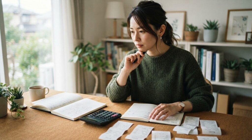 購入前に複数のカプセルやオプションを慎重に比較検討する日本人女性の購入準備シーン。
