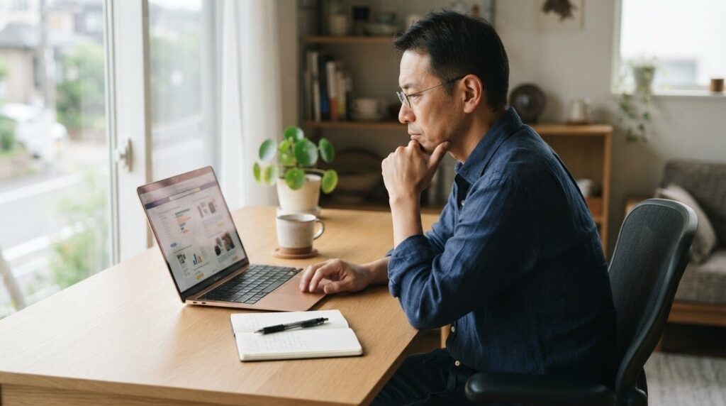 ノートパソコンとメモ帳で商品レビューを真剣に見つめる日本人の中年男性。自然光の入るデスクで慎重に情報を分析する姿勢を表現したリサーチシーン