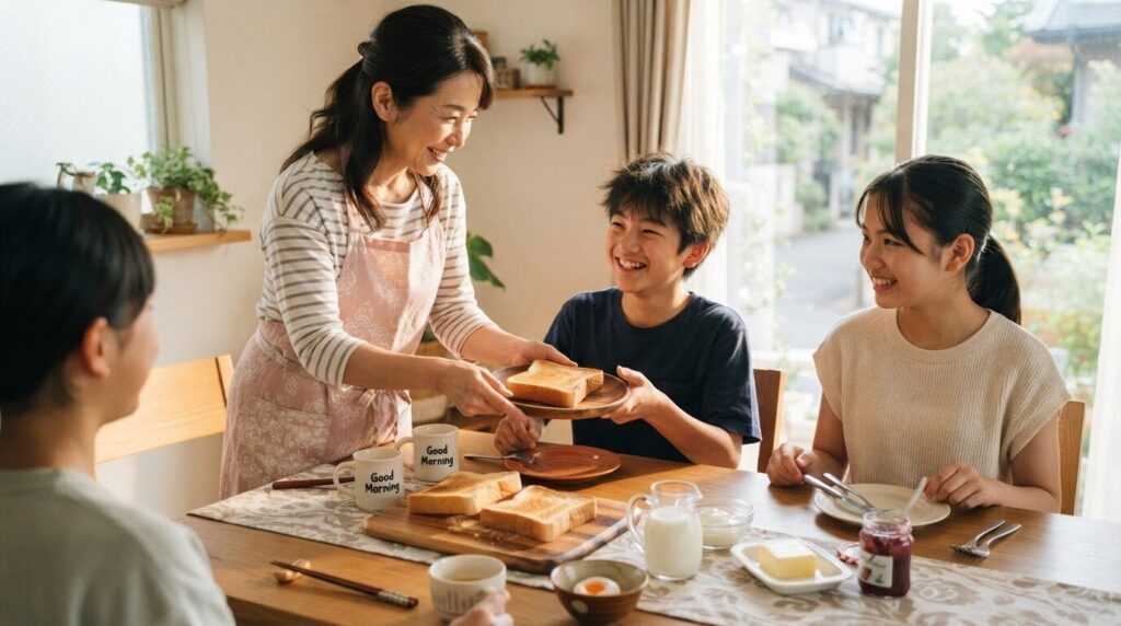 朝のダイニングテーブルで焼きたてのトーストを家族に配る日本人母親と、嬉しそうに手を伸ばす子どもたちの朝食風景
