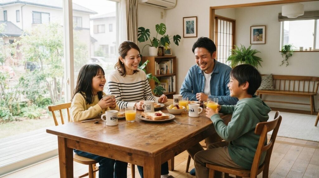 明るいリビングで家族揃って朝のコーヒータイムを楽しむ一家