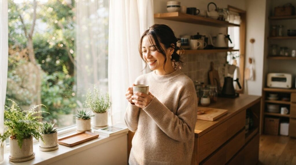 朝日が差し込む明るいキッチンで、ベージュのニットを着た日本人女性が両手でマグカップを包むように持ち、静かに目を閉じて朝のコーヒータイムを楽しむ温かな朝の風景