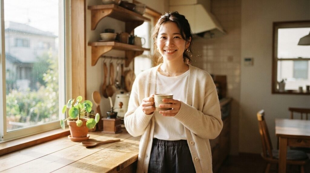 朝の光が差し込む明るいキッチンで、抽出コーヒーの入ったカップを両手で持ち、穏やかに微笑む日本人女性のリラックスした朝のひととき。