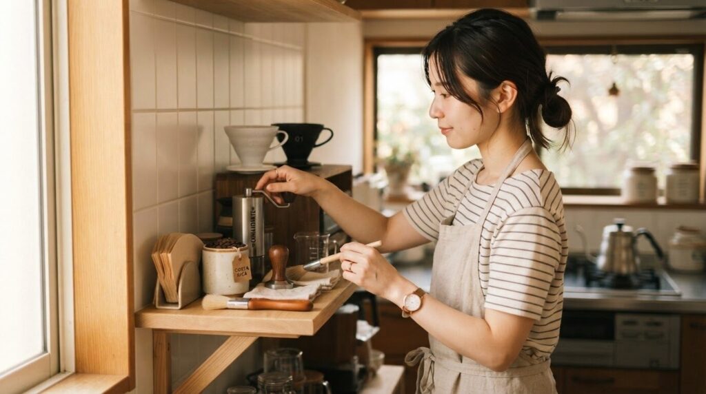 整理された棚に手挽きミル、豆のキャニスター、フィルターホルダーが美しく並ぶ、日本人による配置済みパーソナルコーヒーコーナー。記事全体の結論を後押しする、上質で安定した暮らしを表現した1枚。
