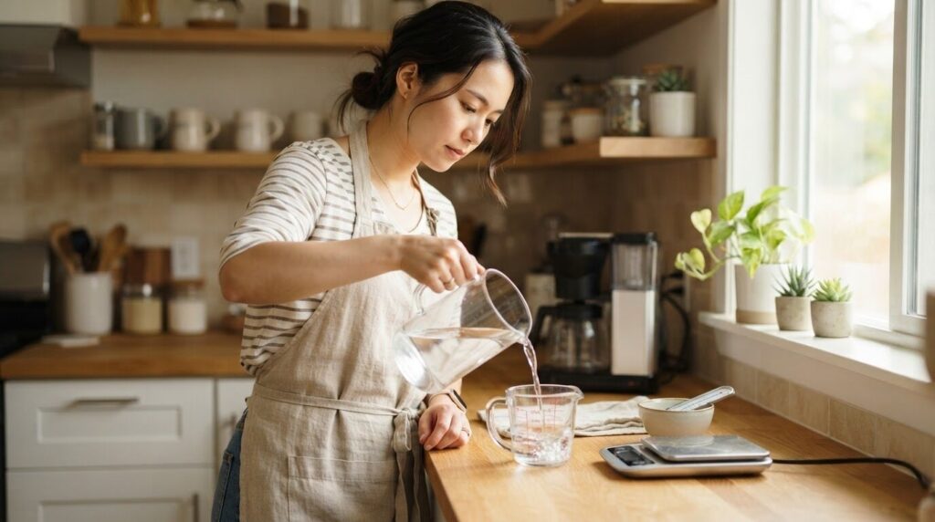 エプロンを着用して、ピッチャーから計量容器へ水を慎重に移す日本人女性。届いた製品の初回試運転と動作確認を表現した、入念なスタートシーン。