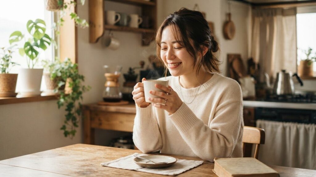 キッチンで淹れたてのブラックコーヒーを味わいながら満足そうに微笑む日本人女性。保温性能について考える読者に、飲むタイミングの大切さを伝える温かい表情の写真。