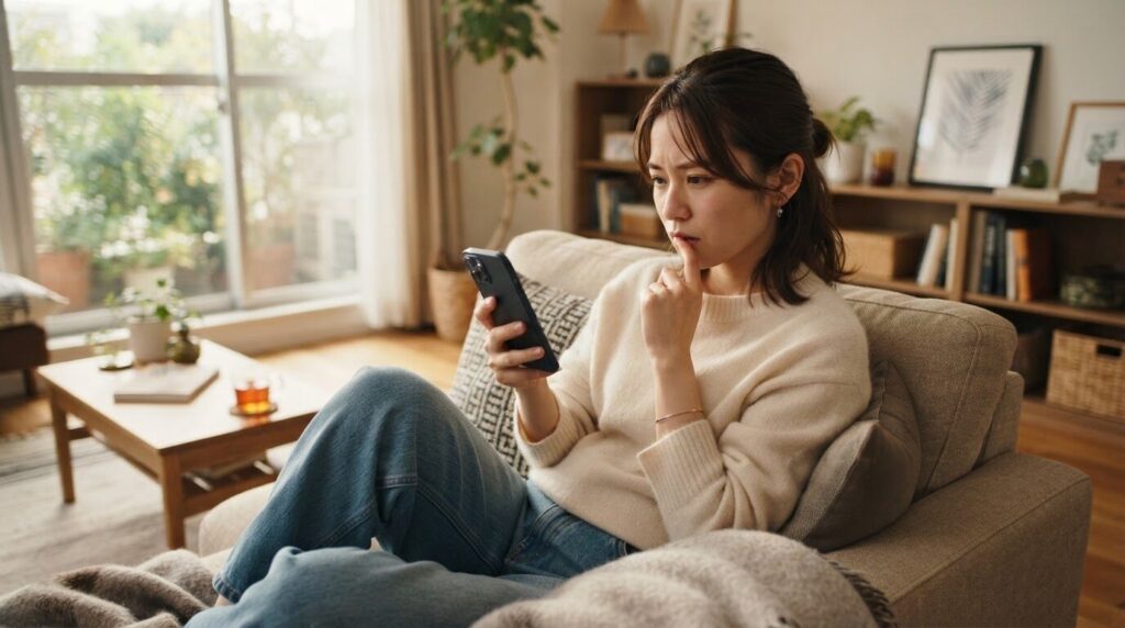 スマートフォンで最新モデル情報を比較している若い日本人女性。買い替えを検討する現代の選択シーン