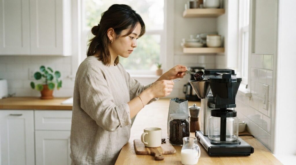 自動ドリップ式コーヒーメーカーの前で、計量スプーンを使って豆を慎重にはかっている若い日本人女性のライフスタイル写真。豆から挽く工程を丁寧に準備する様子を表現しています。
