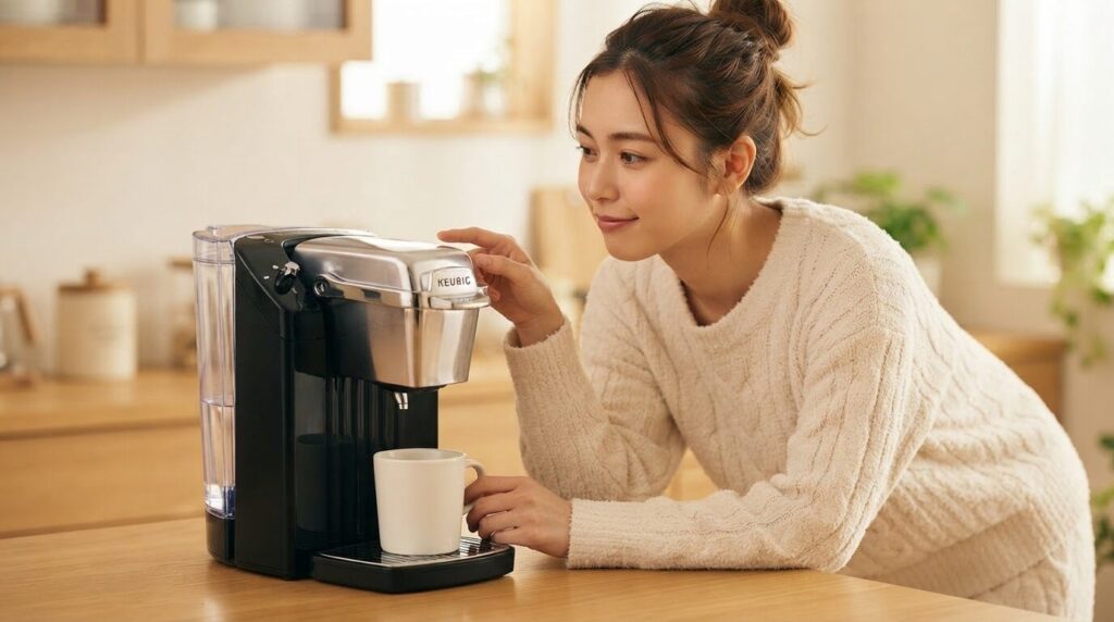 キューリグ本体の湯量・濃度設定ボタンを思慮深く操作する若い日本人女性。背後の水タンクとカプセルホルダーが柔らかく見え、製品の構造理解と意思決定の瞬間を伝える画像です。