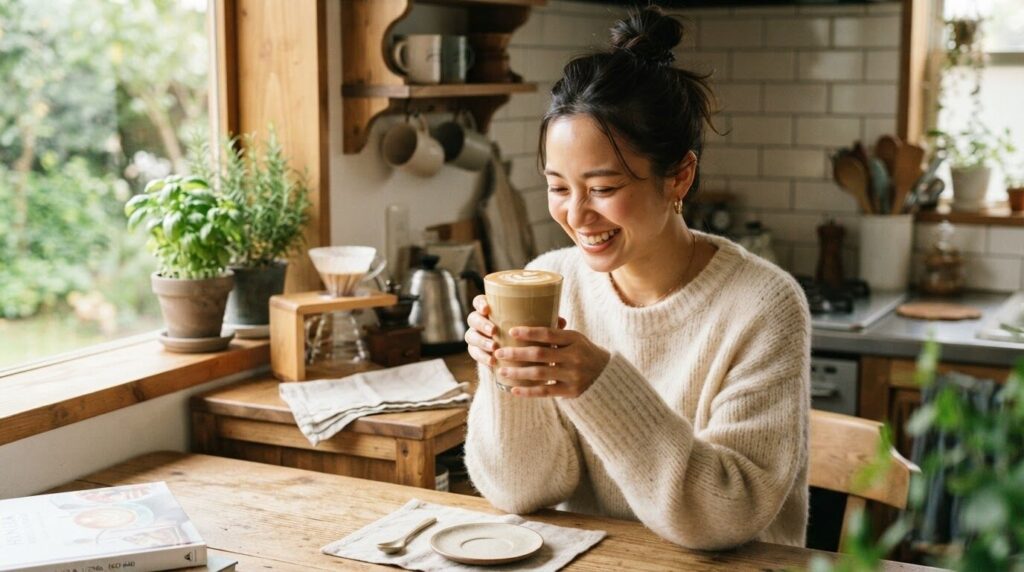 美しいラテアートの入ったグラスを嬉しそうに眺める日本人女性。朝の光に包まれたキッチンシーン