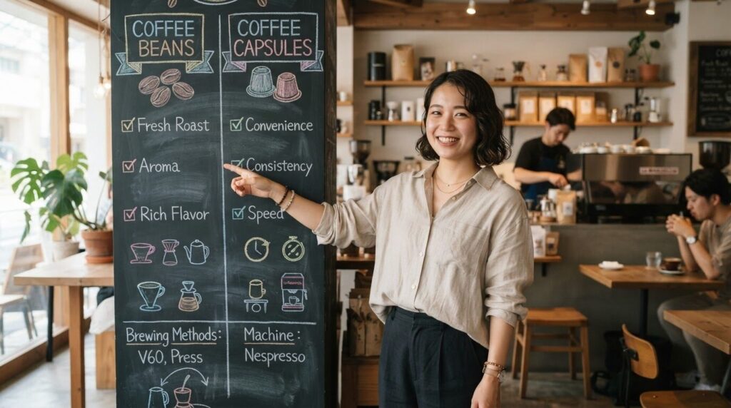 コーヒー豆とカプセル式の選び分けを黒板の前で説明する日本人女性