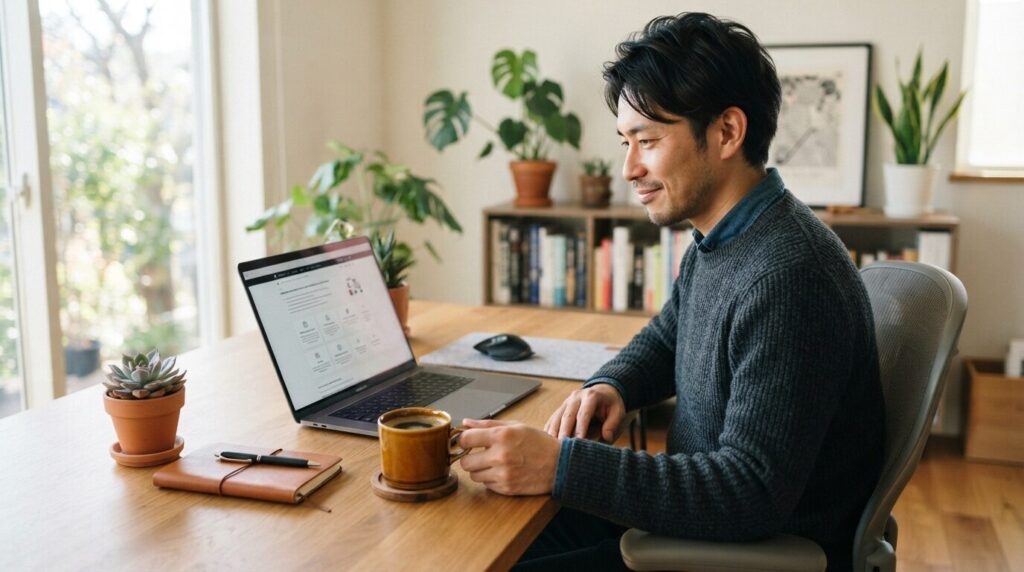 デスクで日本人がノートパソコンでFAQページを真剣な表情で読んでいる様子。よくある質問を確認する理解と信頼の姿勢を強調する画像。