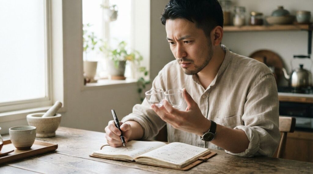 キッチンでノートを開き、2つのグラスを見比べながら症状の原因を論理的に分析する日本人男性。症状と原因を体系的に切り分ける様子を表現する画像。
