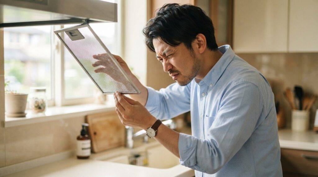 窓辺の光にメッシュフィルターを透かして微粉残りを真剣な表情で観察する日本人男性。粉残りの確認手順を補足する画像。
