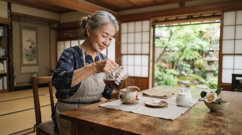 穏やかな朝のダイニングでガラスポットからマグカップに静かにコーヒーを注ぐ日本人高齢女性