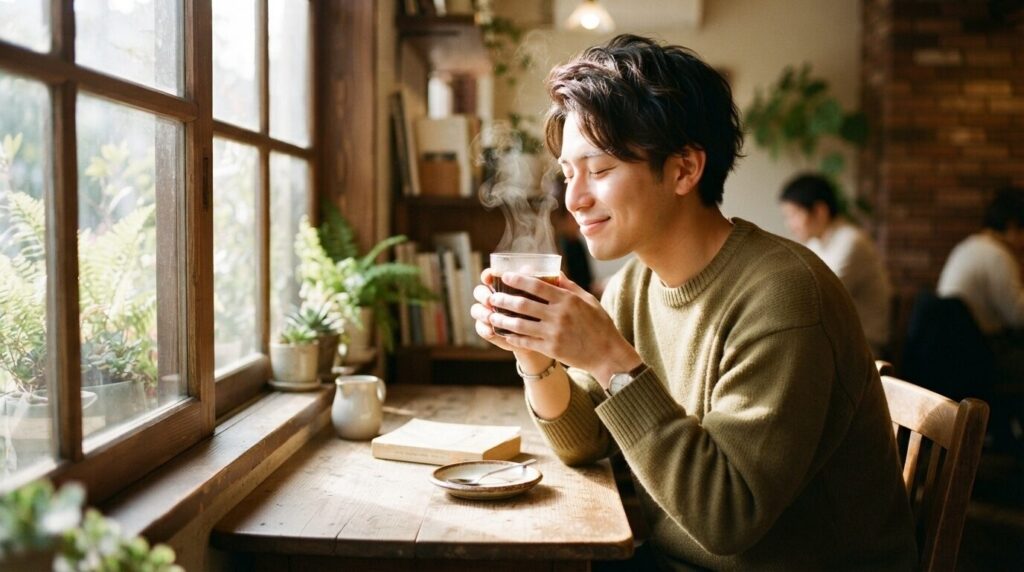 朝日が差し込む窓際で、温かいブラックコーヒーの香りをゆっくりと楽しむ日本人男性のリラックスタイム