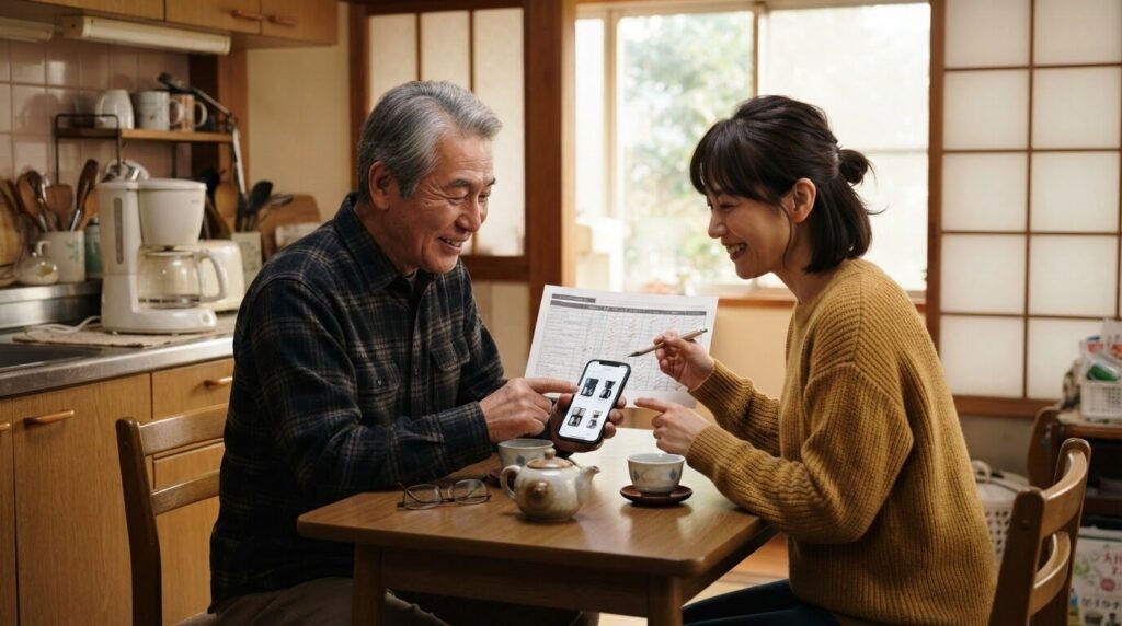 家族と一緒にコーヒーメーカーの買い替えを相談するシーン