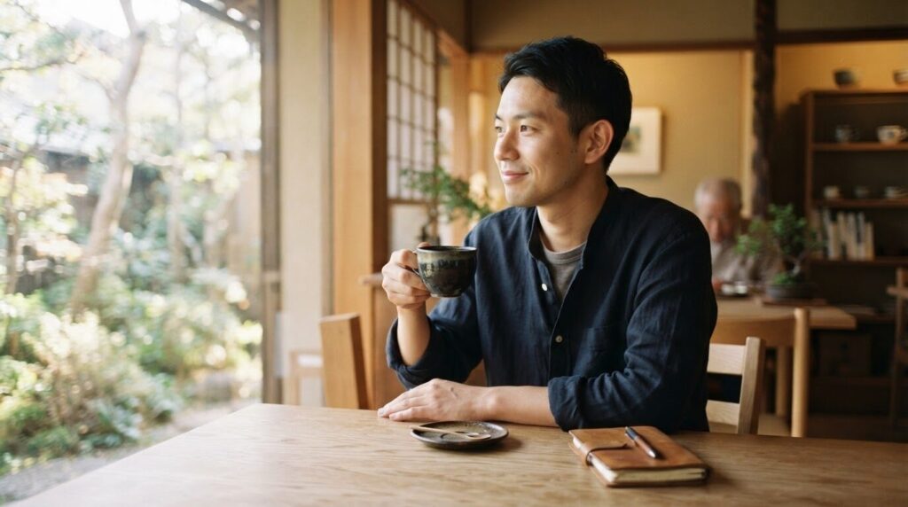 ミニマルな和モダンな空間で静かにブラックコーヒーを味わう日本人男性の落ち着いた朝