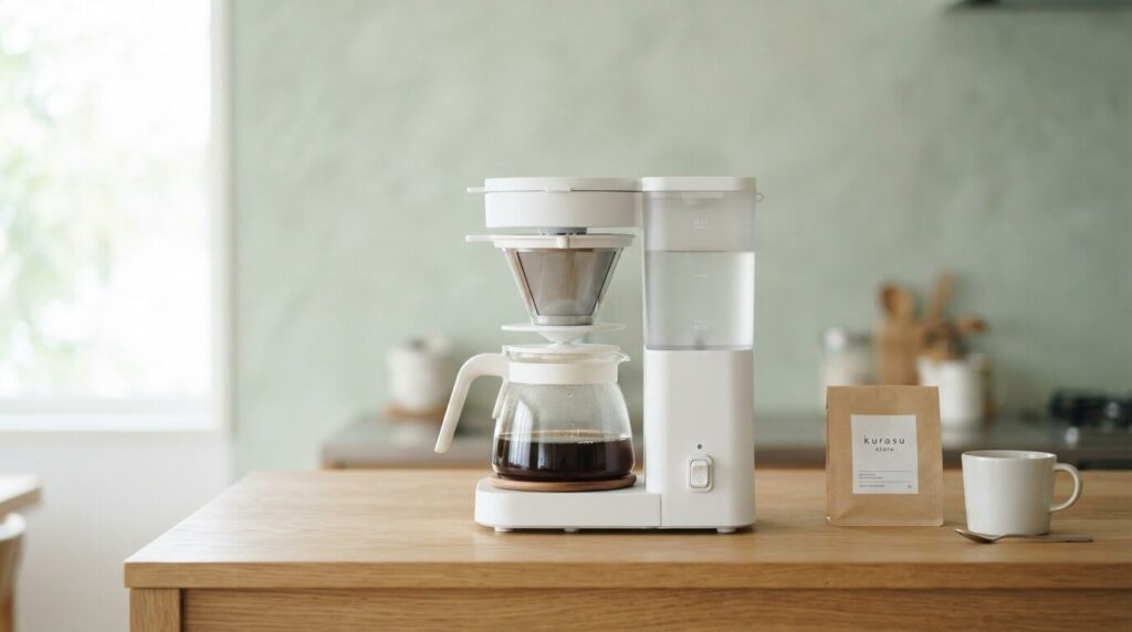 シンプルで衛生的な構造の白いドリップ式コーヒーメーカーの商品写真。害虫が隠れにくいシンプルな設計を強調