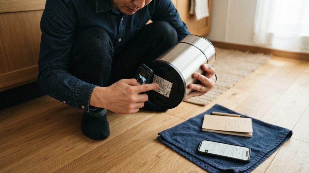 コーヒーメーカーの型番ラベルをスマートフォンで撮影し、確認作業をする日本人男性の手元。正しい機種の説明書を探す準備シーン