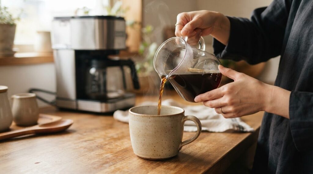 電動コーヒーメーカーで抽出したコーヒーをマグに注ぐ使用イメージ