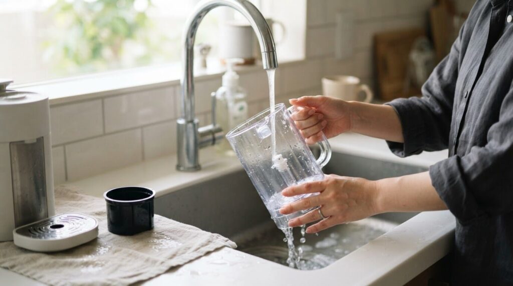 電動コーヒーメーカーの水タンクをキッチンで洗う日本人