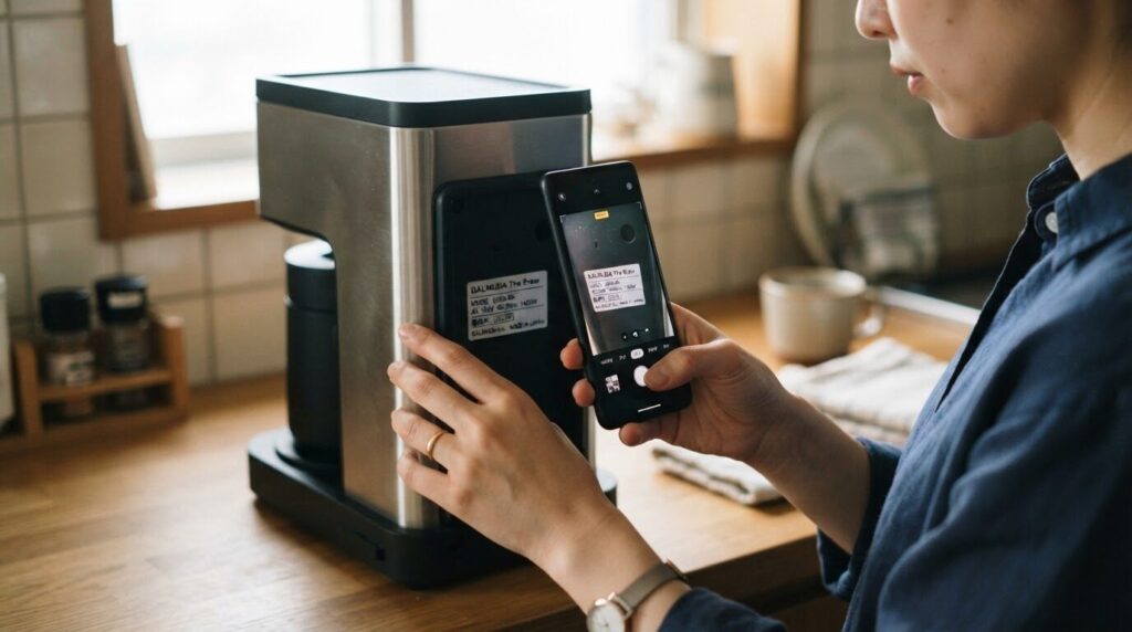 スマートフォンを使ってコーヒーメーカー背面の型番ラベルを拡大撮影する日本人ユーザーの手元。