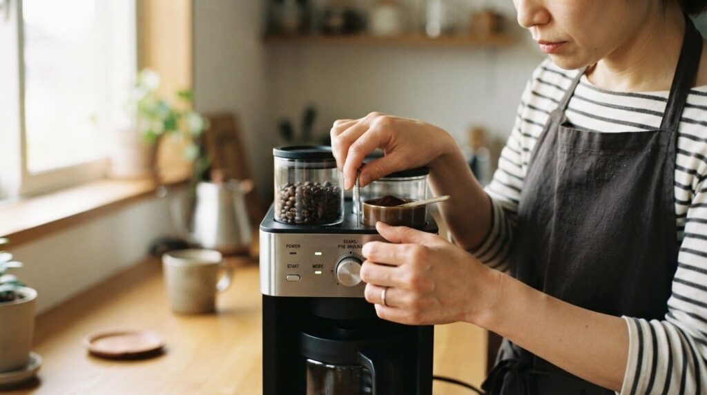 豆と粉の容器を丁寧に並べ替えて使用モードを切り替える日本人の手元