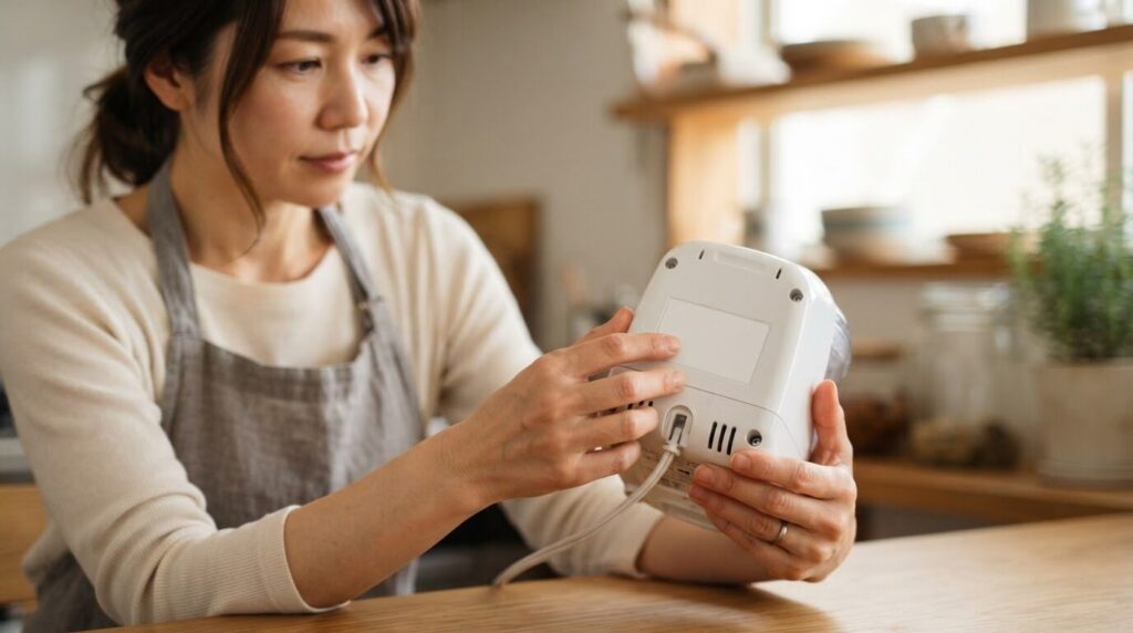 キッチン家電の背面ラベルを指先で丁寧に確認する日本人女性のアップ。手作業で型番を読み取る場面。