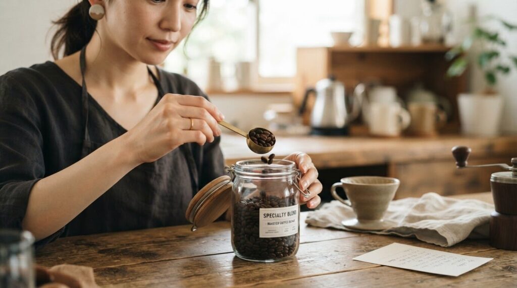 計量スプーンで丁寧にコーヒー豆をはかり取る日本人女性のクローズアップ