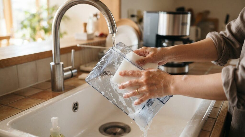 シンクで給水タンクを洗う電動コーヒーメーカーのお手入れ