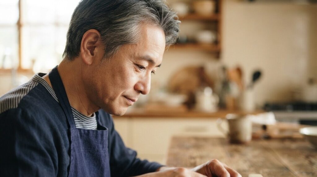 作業に没頭する日本人男性の横顔のクローズアップ。仕事への真剣さとコーヒーの淹れ方に対する深い理解を表現した、知識豊富な専門家を伝えるポートレート画像。