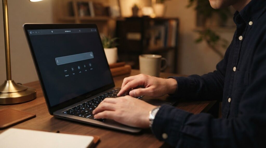 ラップトップの検索欄に型番を正確に入力する日本人の手のクローズアップ。