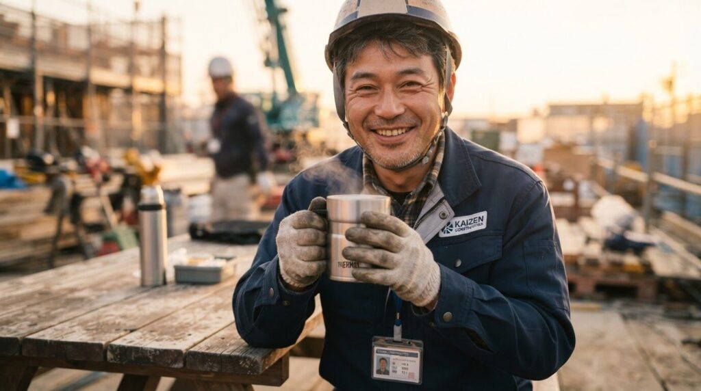 屋外で両手で温かいコーヒーを持った日本人男性が満足そうな笑みを浮かべている様子。良い口コミの満足感を象徴する、温かく親しみやすい瞬間を切り取った画像。