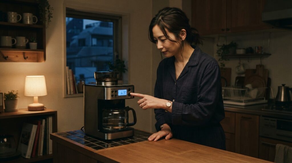 夜のキッチンで翌朝の予約のためにタイマー設定ボタン操作する日本人女性。デジタル表示を丁寧にご確認されているシーン