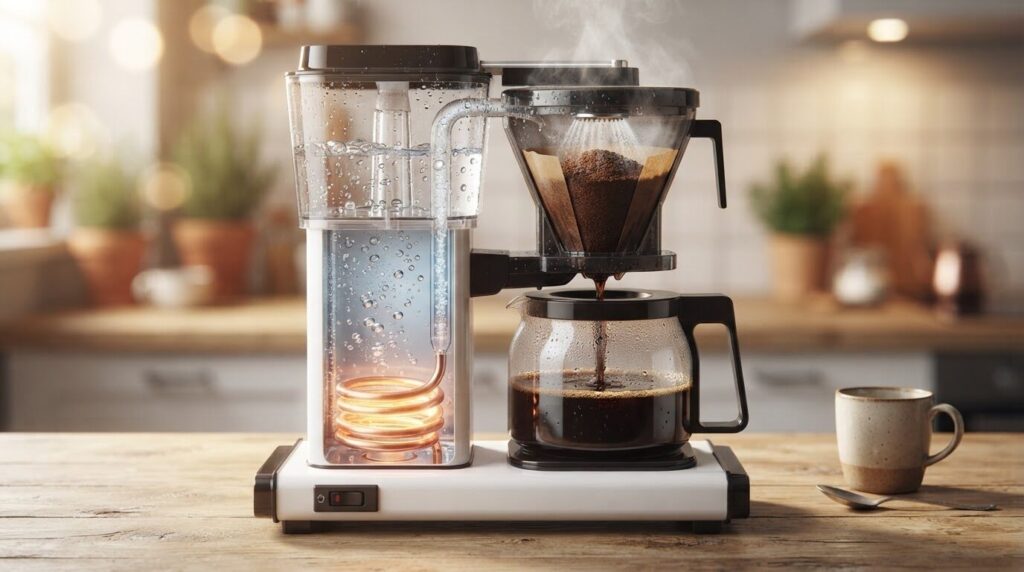 コーヒーメーカー内部の構造をクローズアップで写した解説画像。給水タンク、加熱パイプ、ドリッパー周辺の湿った温かい空間を示し害虫が好む環境を表している