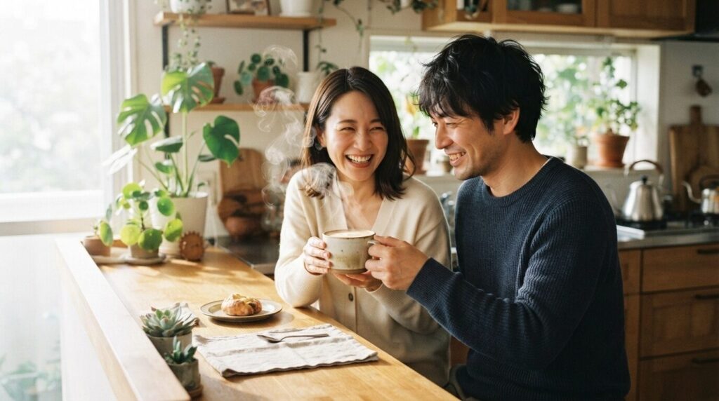 キッチンカウンターでラテを二人で楽しむ笑顔の日本人夫婦