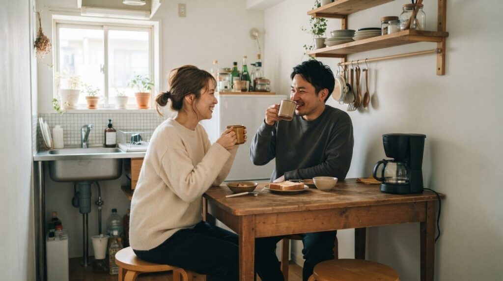 コンパクトな電動コーヒーメーカーで夫婦が朝のコーヒーを楽しむ使用イメージ