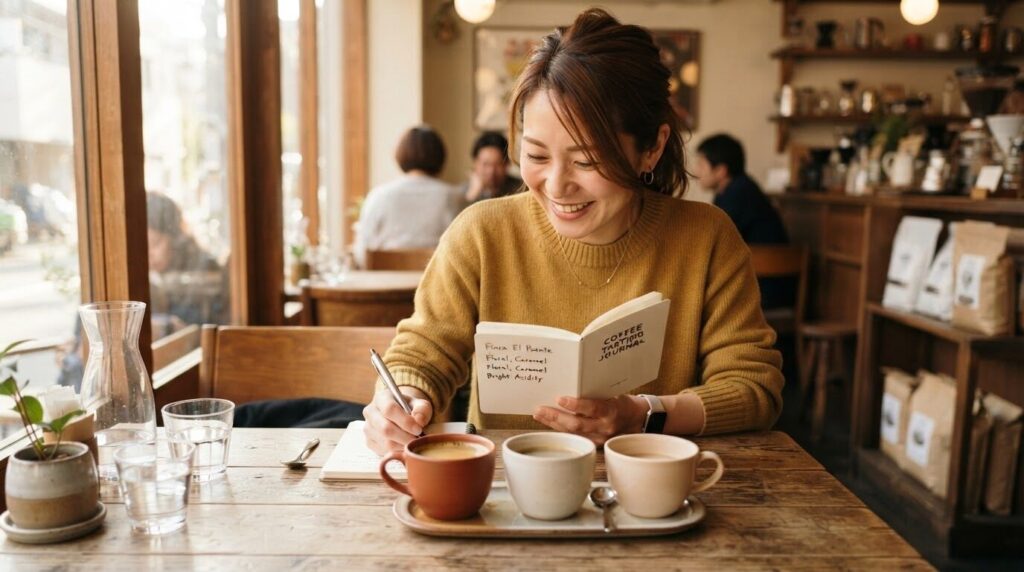 3種類のコーヒーをテイスティングして好みを確かめる日本人女性