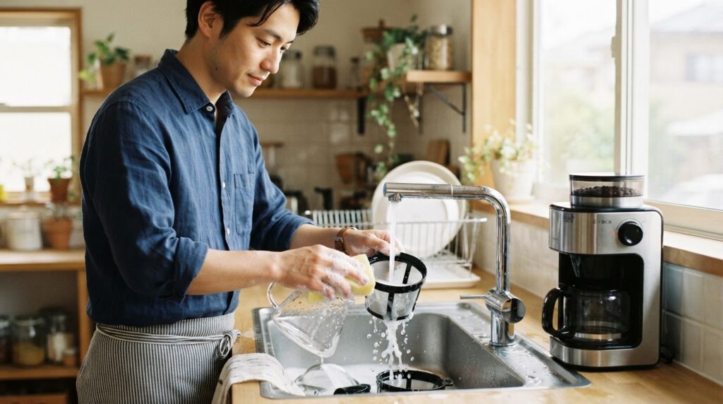 キッチンシンクでガラスサーバーやメッシュフィルターなど取り外し可能な部品を丁寧に洗う日本人男性。