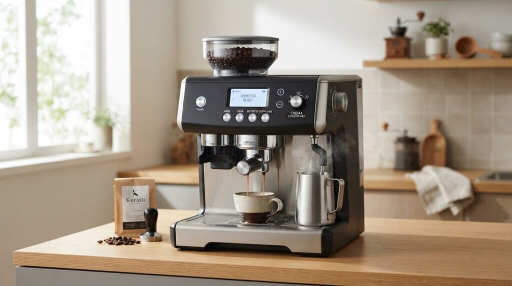 ホッパーに入ったコーヒー豆、ミル機能、デジタルパネルを備えた高性能な全自動コーヒーメーカーのプレミアム商品写真