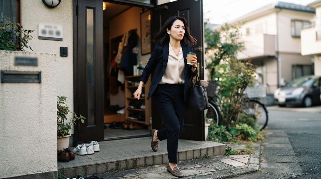 平日の朝、急いで玄関から出ていく日本人女性の後ろ姿
