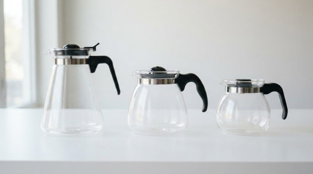 異なるサイズのコーヒーメーカー用ガラス容器3種類を白い台の上に並べて比較している商品写真のスタイル。