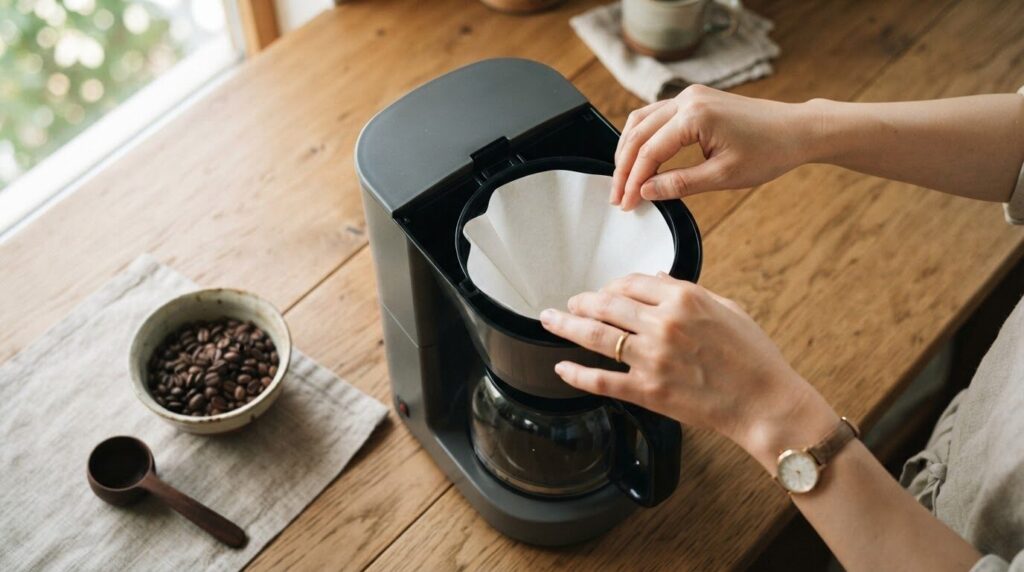 電動コーヒーメーカーにフィルターと豆をセットする使用イメージ
