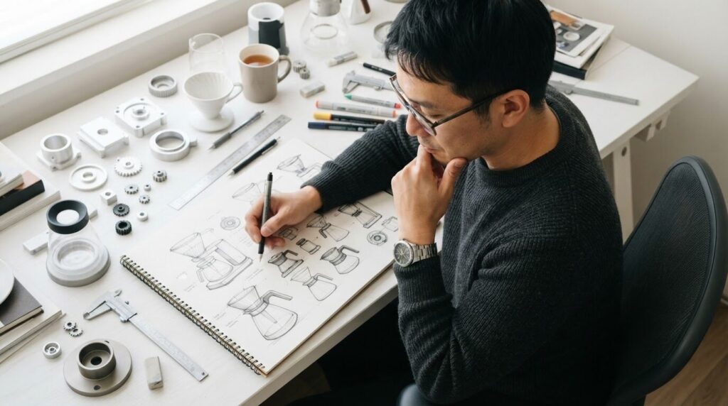 明るいスタジオでコーヒーメーカーのデザインをスケッチする日本人デザイナー、試作品に囲まれた創造的な開発現場の様子